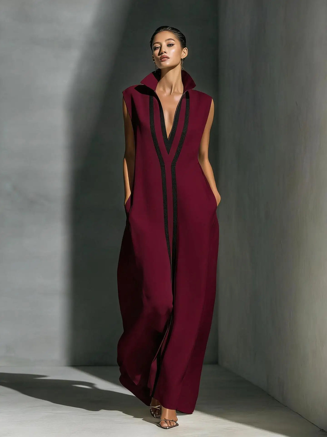Seraphine | Color Block Stand-Collar Maxi Dress