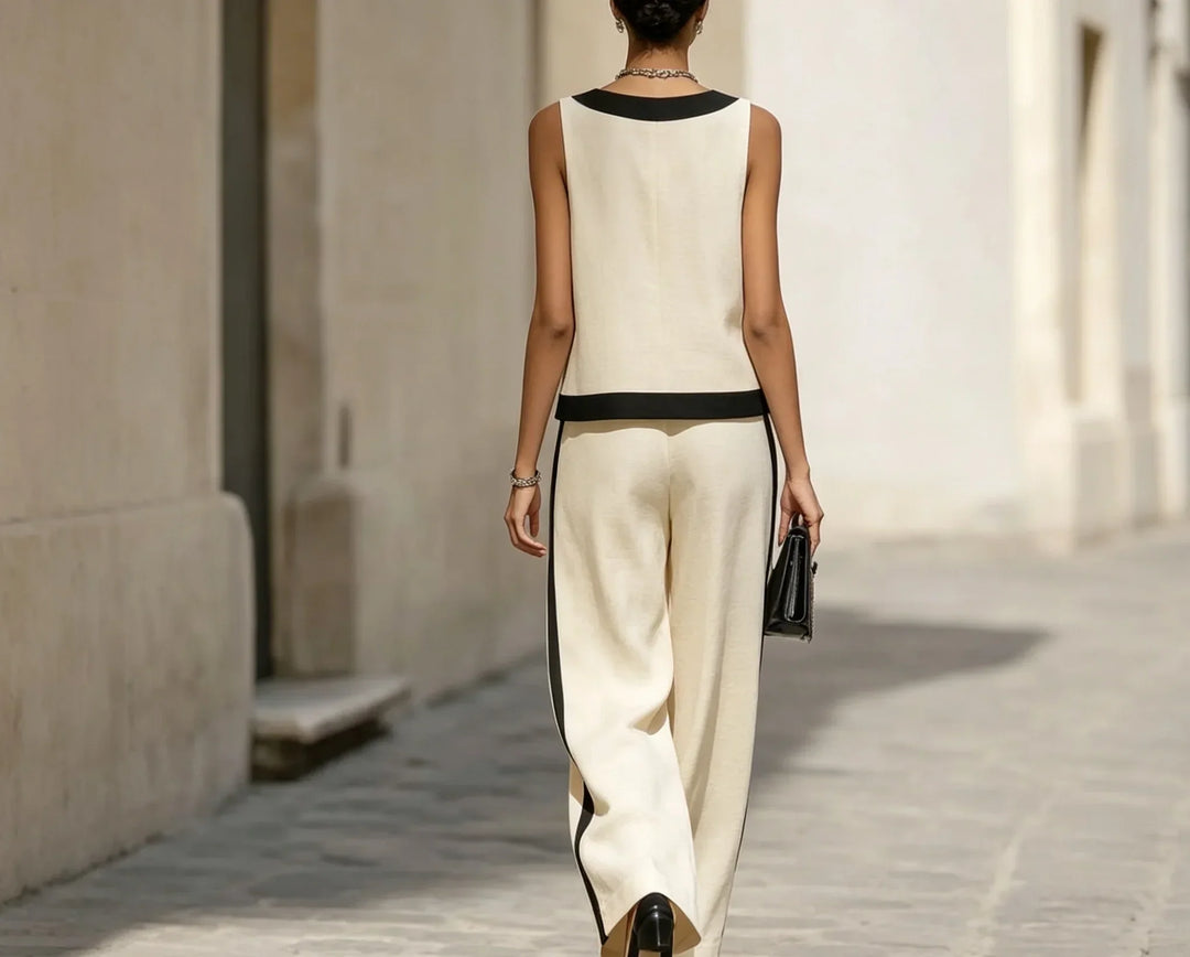 Elara | Cream & Black V-Neck Two-Piece Set