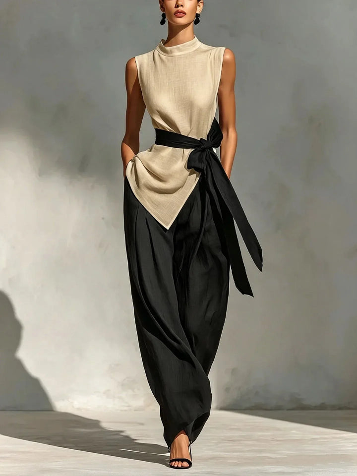 Sofia | Asymmetric Top & Contrast Belt Wide-Leg Set
