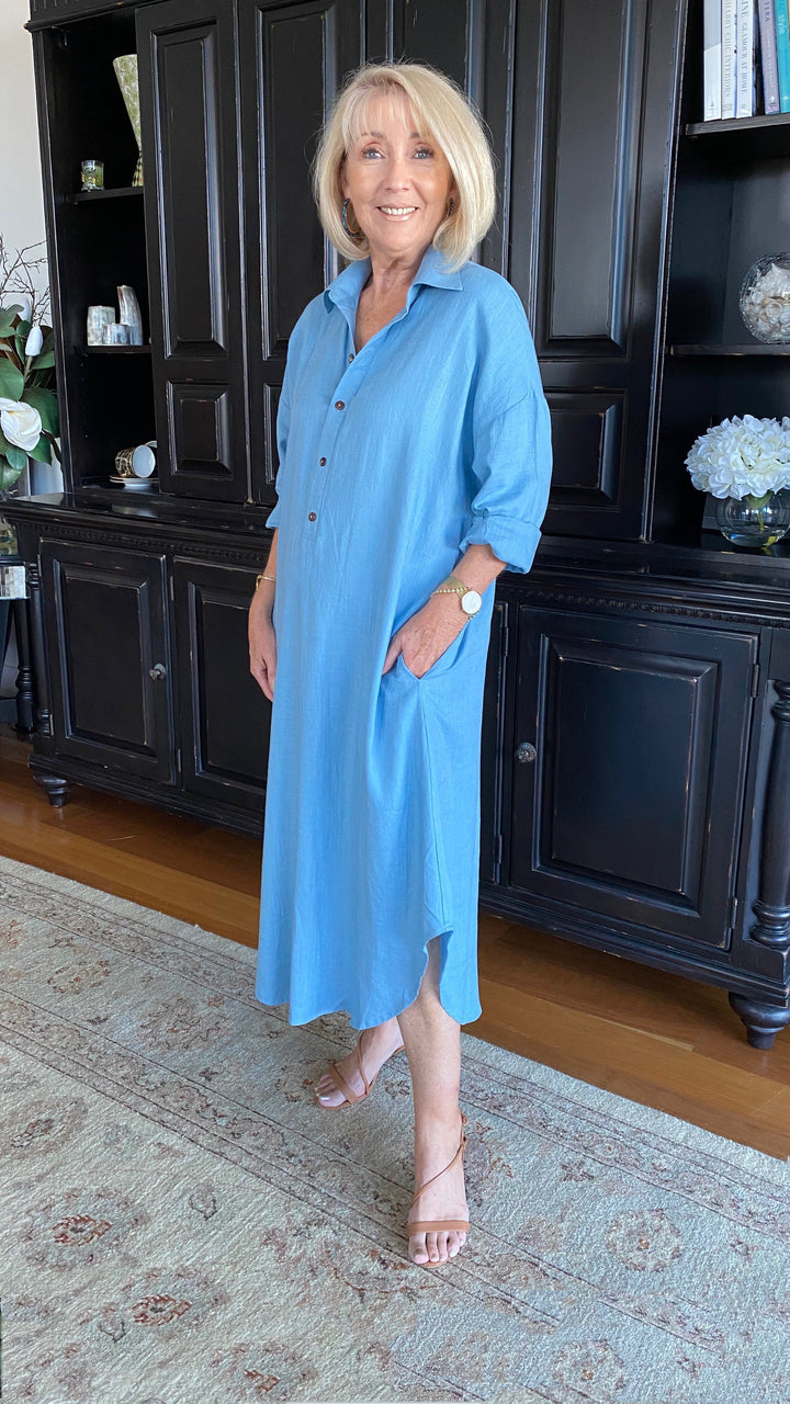 Uma | Linen Shirt Dress in Sky