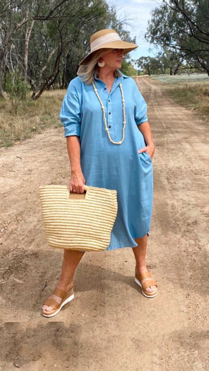 Uma | Linen Shirt Dress in Sky
