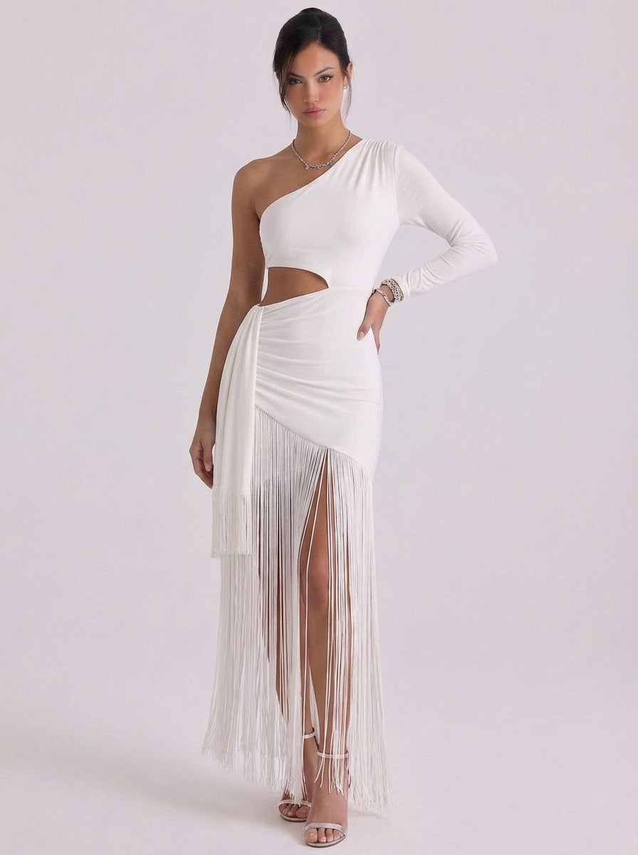 Oilibhear | Jersey Cutout One-Shoulder Maxi Dress Fringe Hem