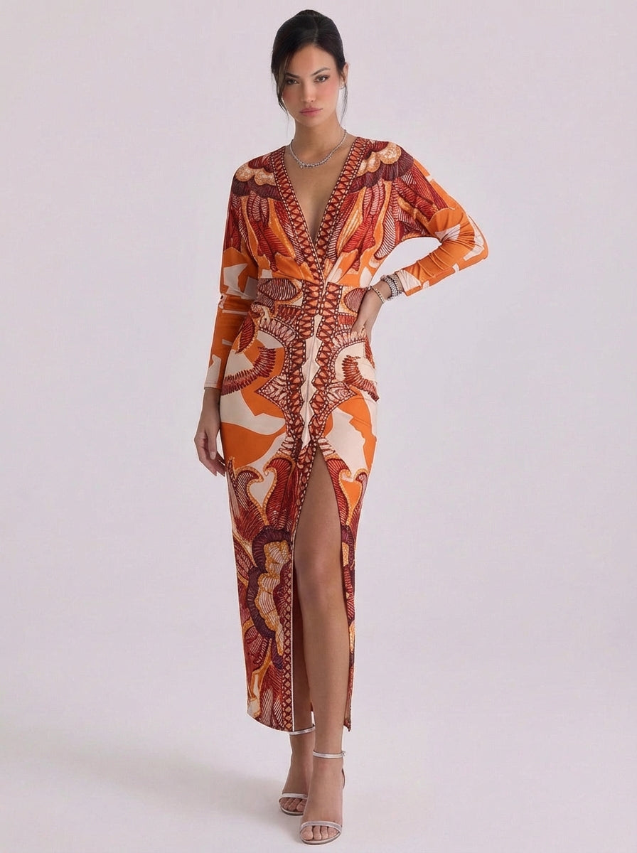 Elspeth | Jersey Geometric Print Midi Dress With Ruched Detail