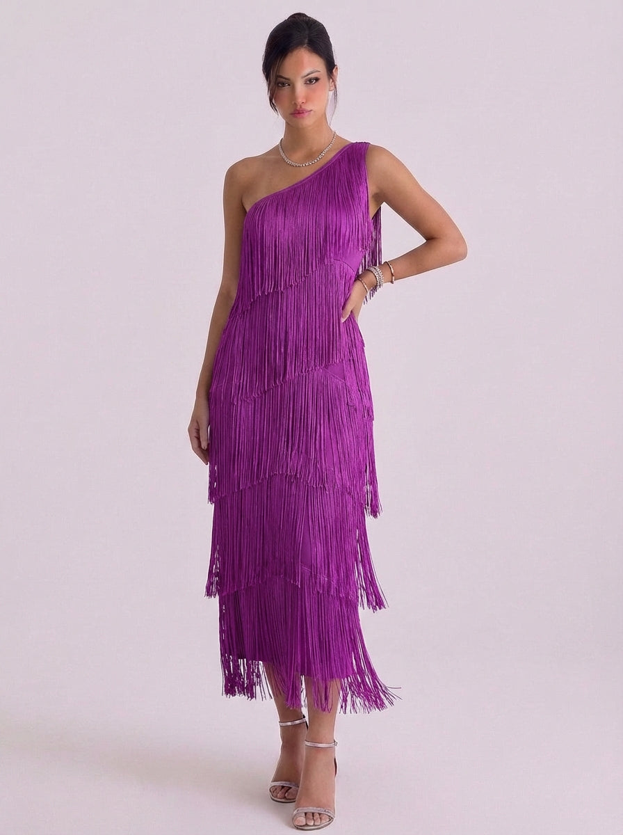 Seonaid | Jersey One-Shoulder Fringe Midi Dress