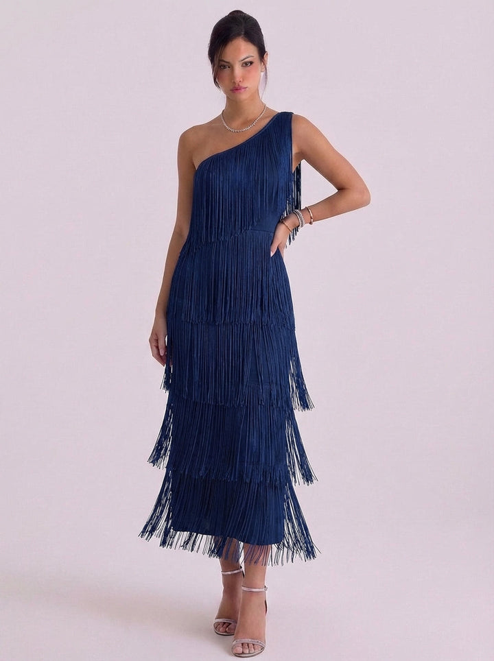 Seonaid | Jersey One-Shoulder Fringe Midi Dress