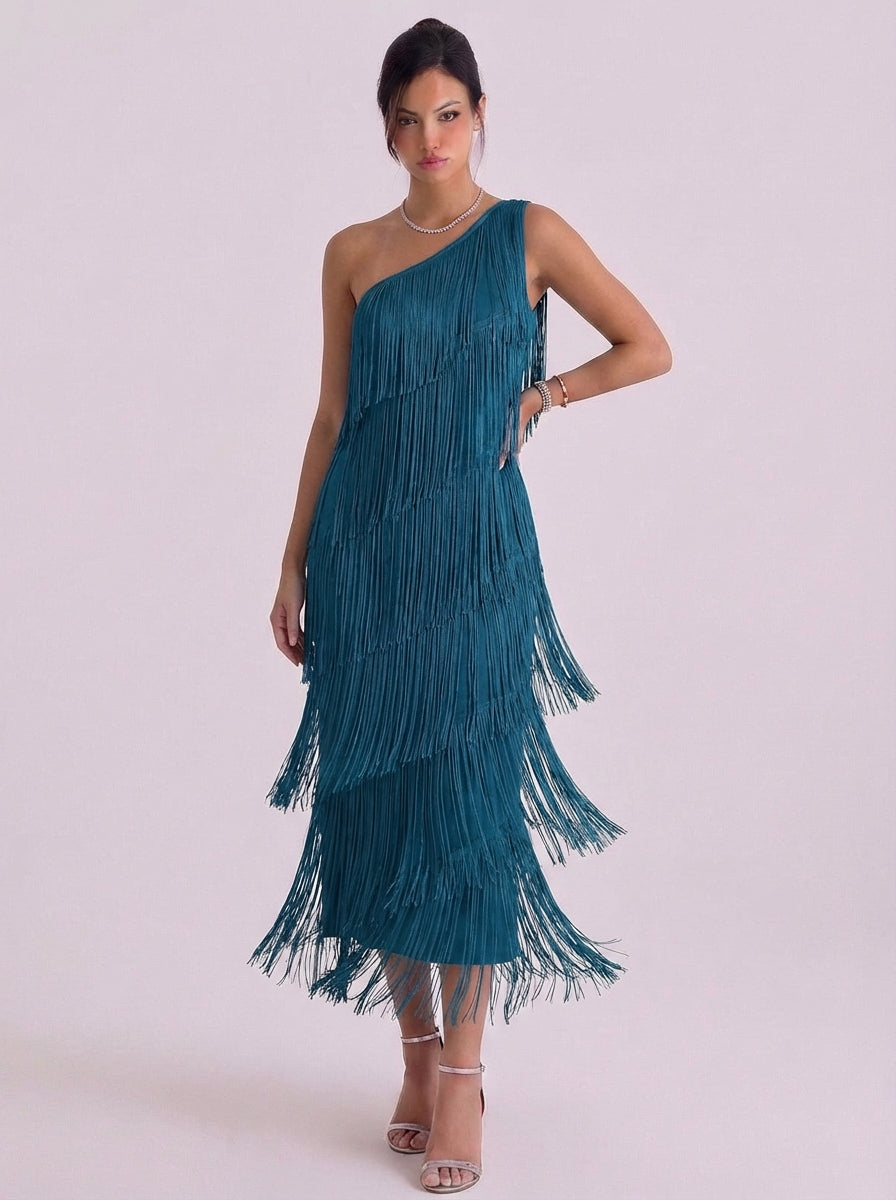 Seonaid | Jersey One-Shoulder Fringe Midi Dress