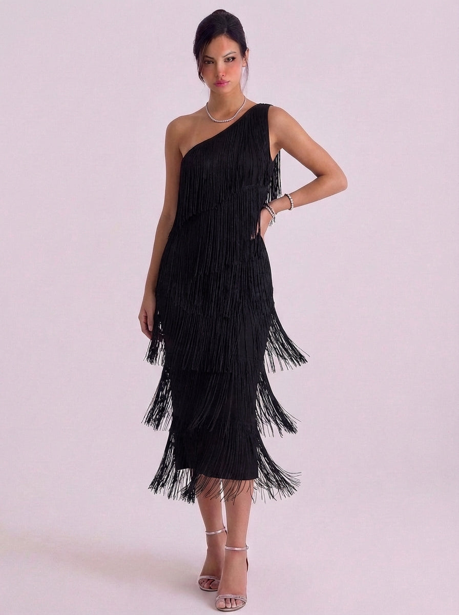 Seonaid | Jersey One-Shoulder Fringe Midi Dress