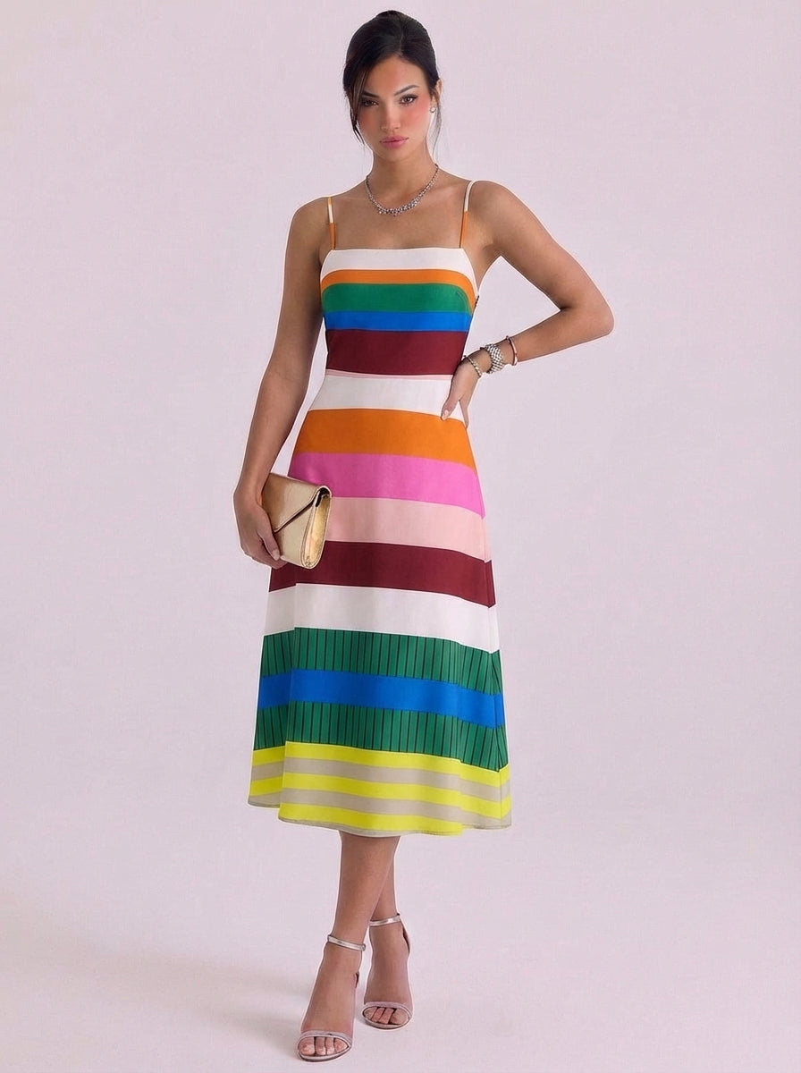 Rhona | Knit Colorblock Stripe Midi Dress Spaghetti Strap Pleated Hem