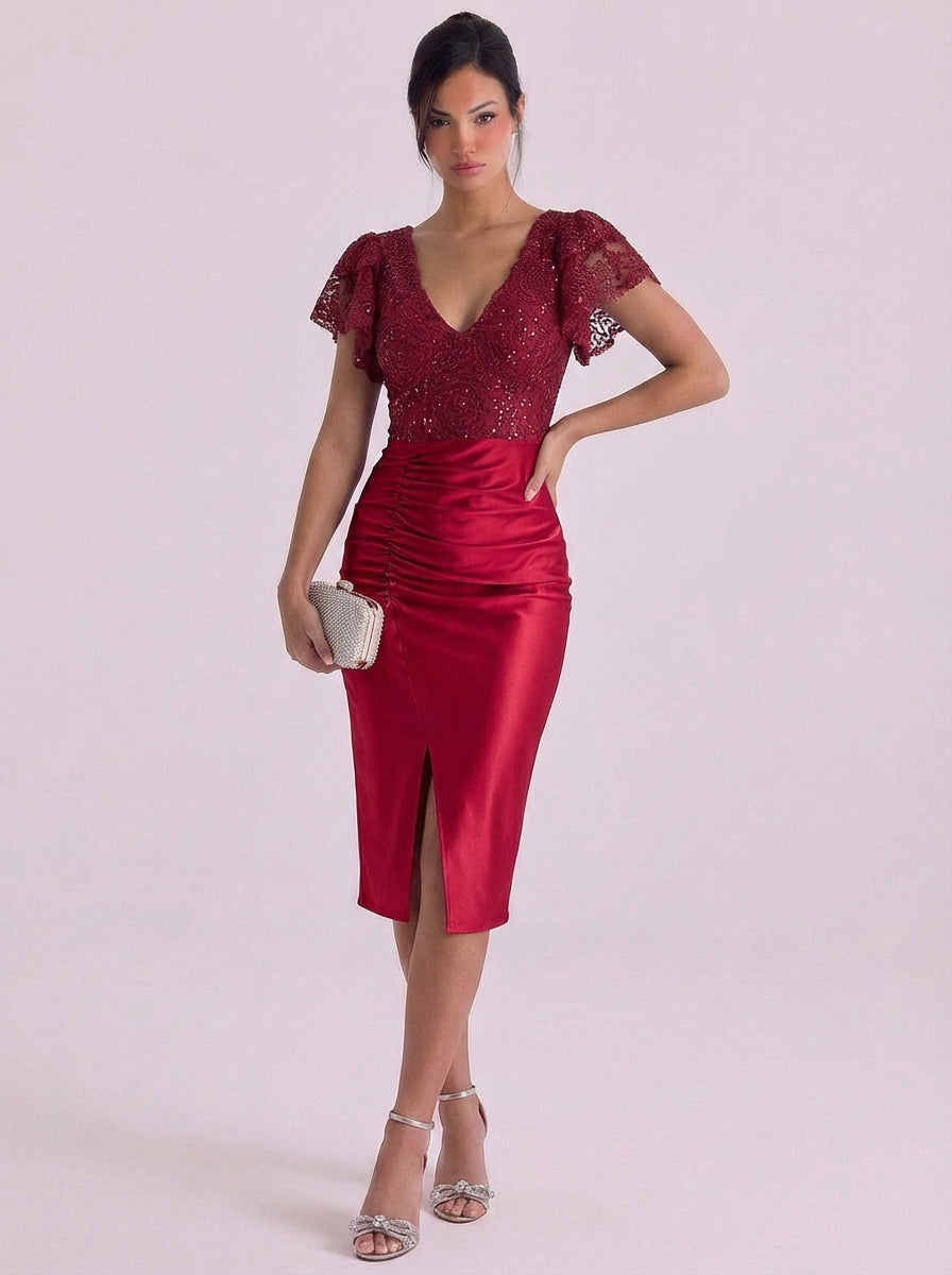 Moira | Lace Bodice Satin Midi Dress With High-Slit