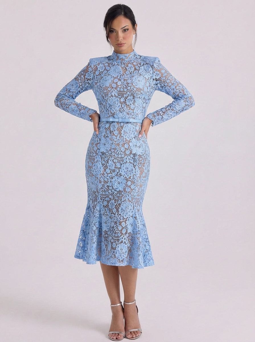 Beathag | Lace High Neck Midi Dress With Peplum