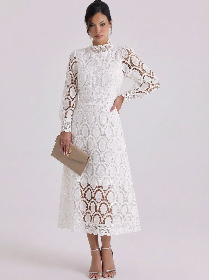 Aine | Lace High Neck Midi Dress With Puff