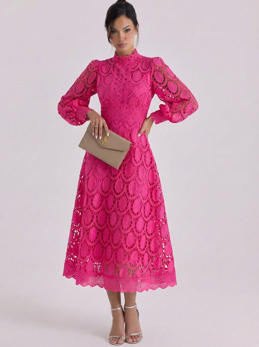 Aine | Lace High Neck Midi Dress With Puff