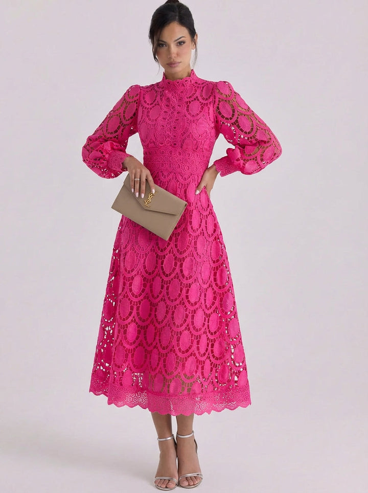 Aine | Lace High Neck Midi Dress With Puff