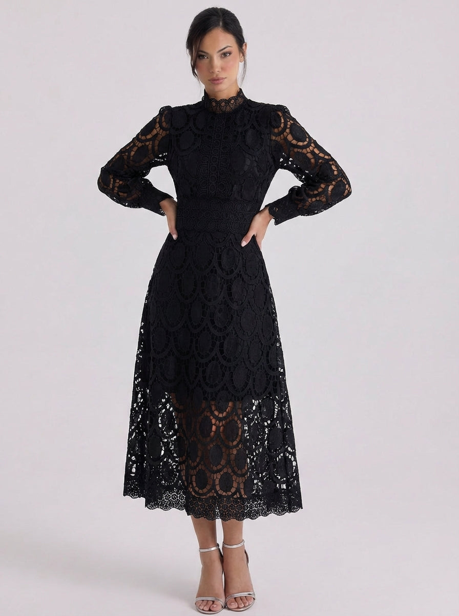 Aine | Lace High Neck Midi Dress With Puff