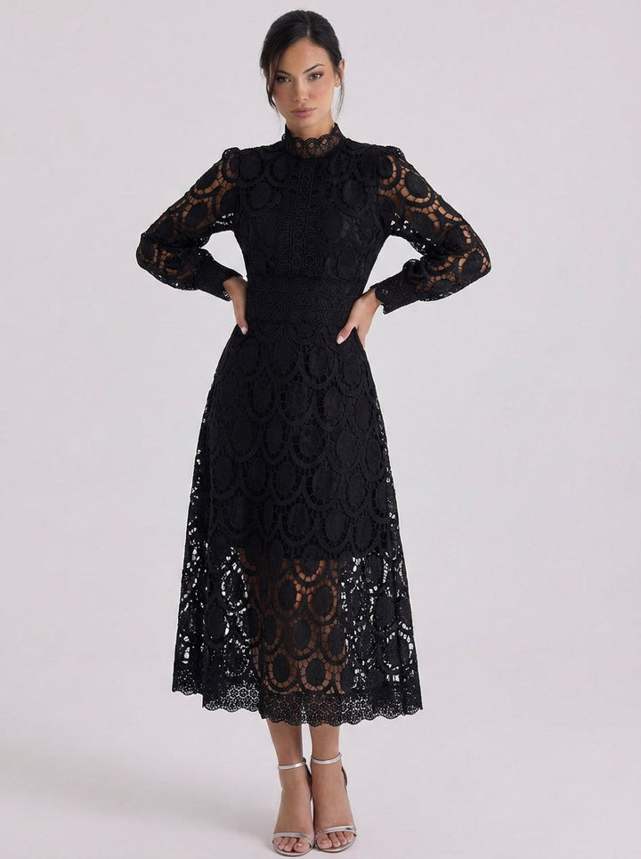 Aine | Lace High Neck Midi Dress With Puff