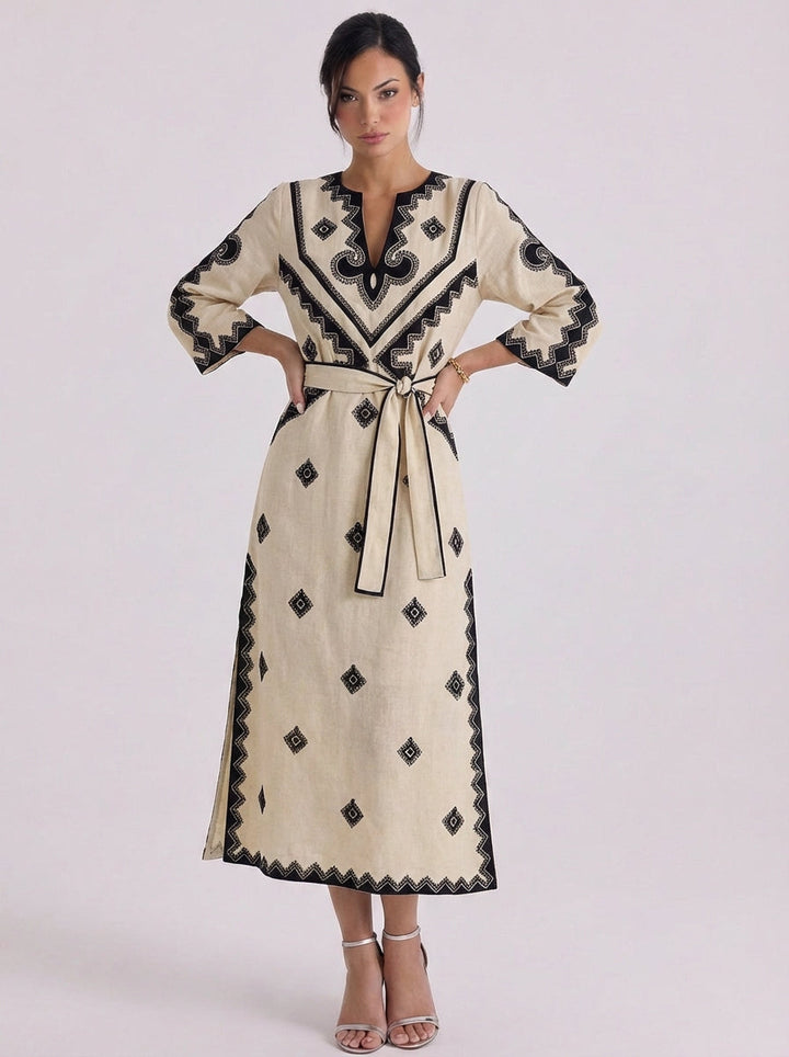 Luthais | Linen Embroidered Belted Midi Dress