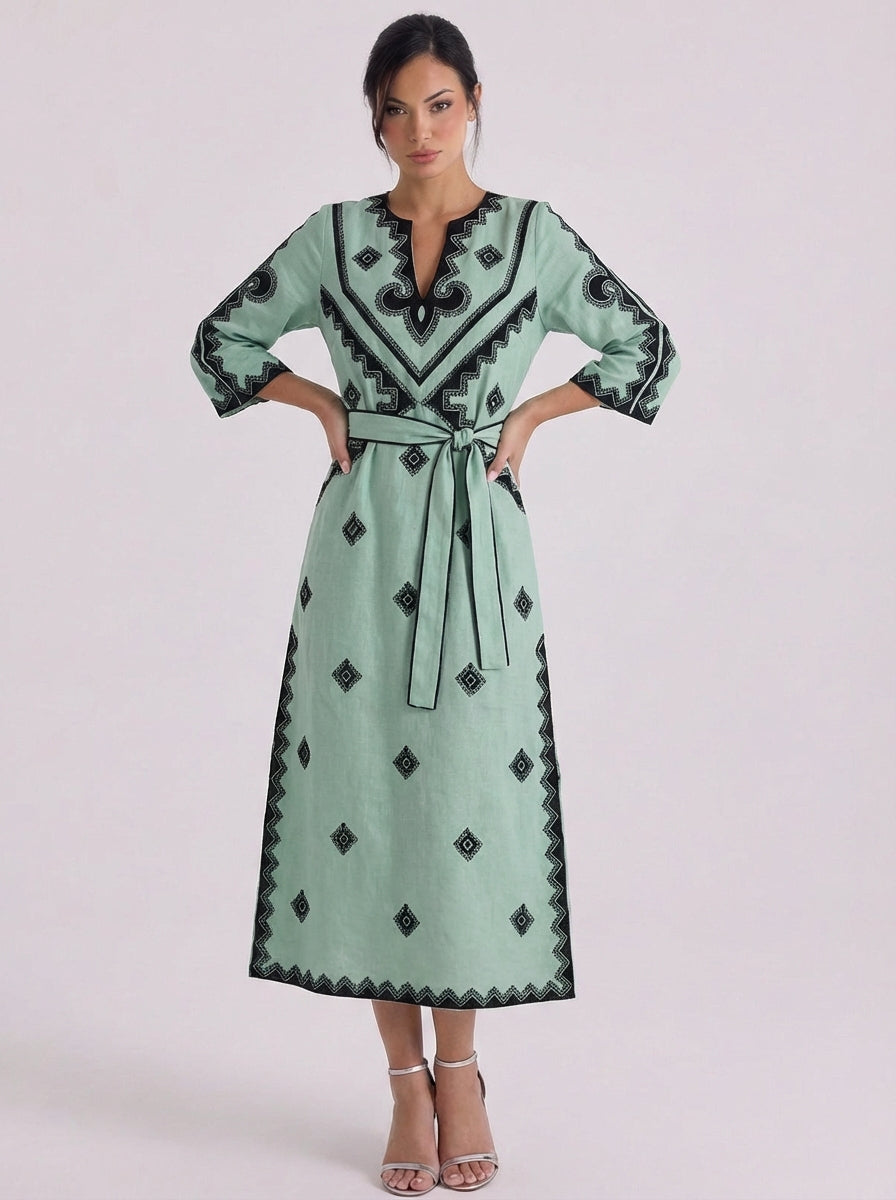 Luthais | Linen Embroidered Belted Midi Dress