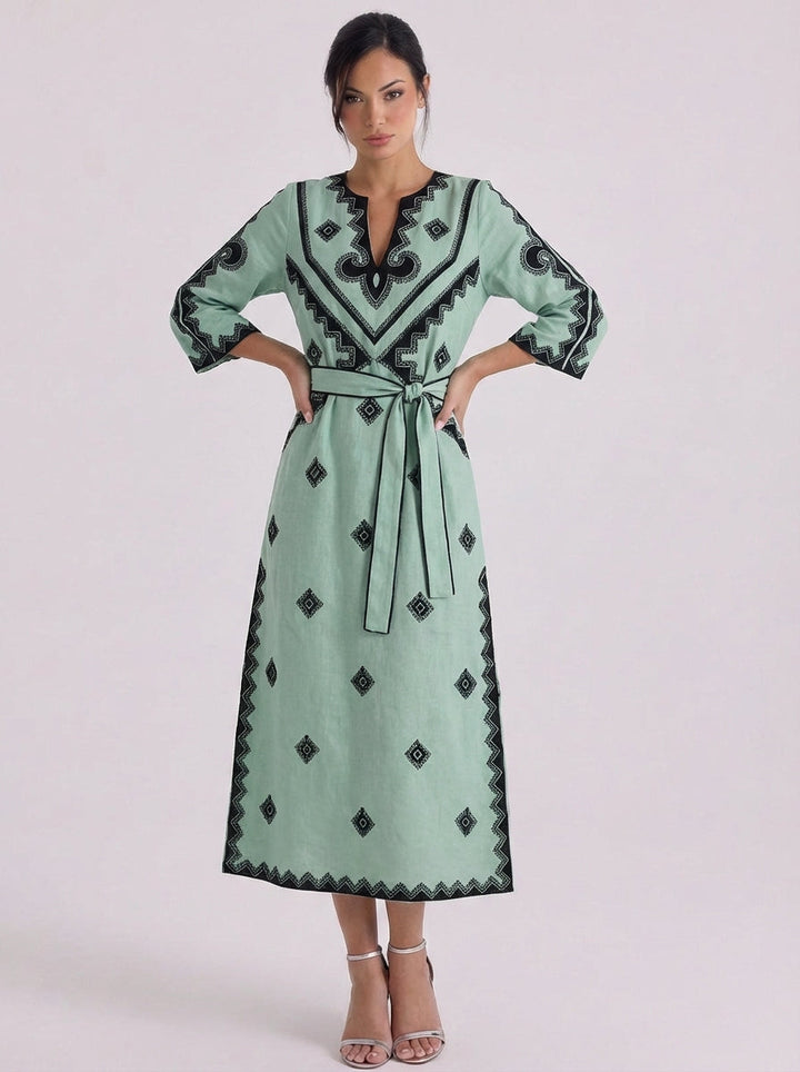 Luthais | Linen Embroidered Belted Midi Dress