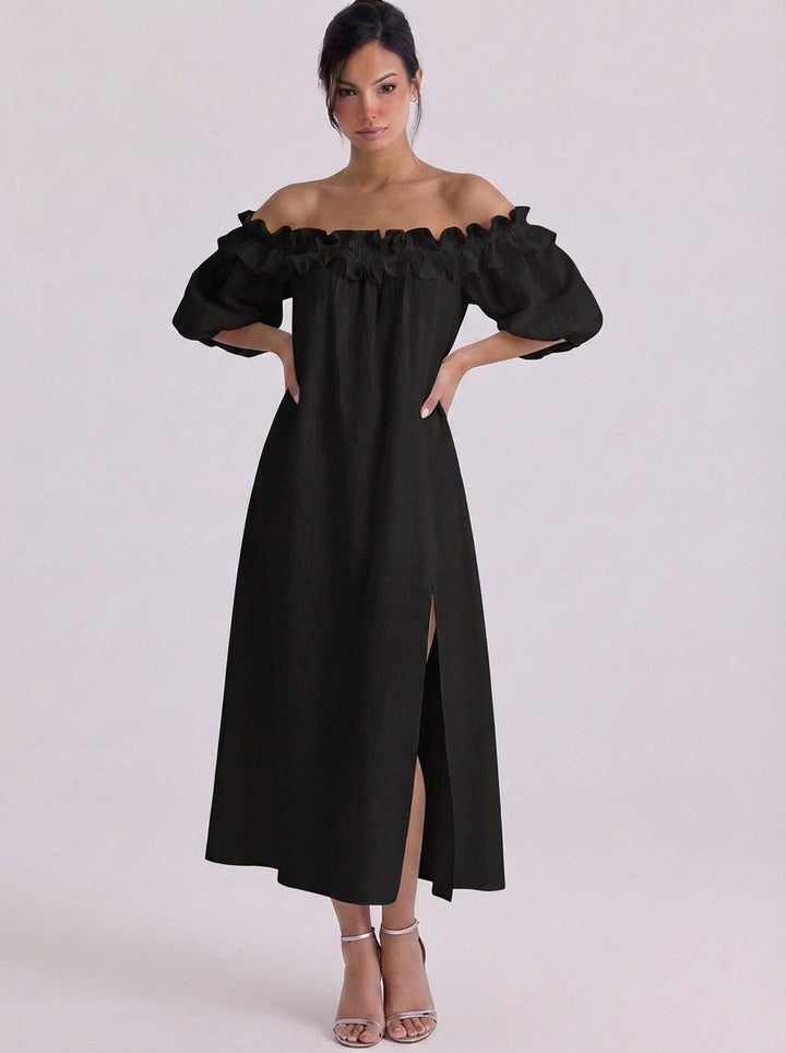 Saoirse | Linen Off-Shoulder Ruffle Midi Dress With Puff