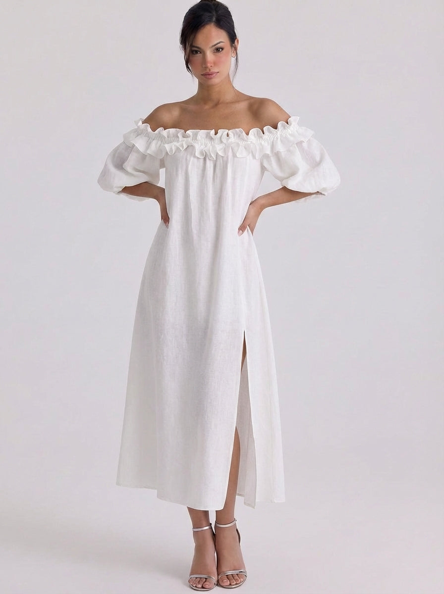 Saoirse | Linen Off-Shoulder Ruffle Midi Dress With Puff