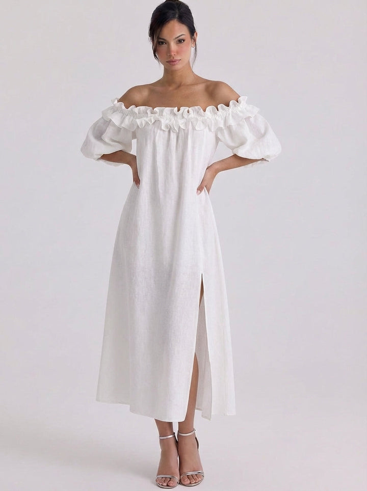Saoirse | Linen Off-Shoulder Ruffle Midi Dress With Puff