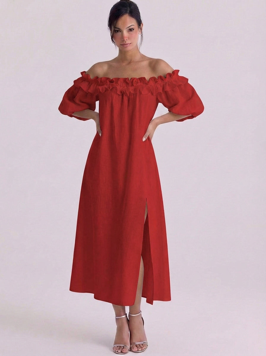 Saoirse | Linen Off-Shoulder Ruffle Midi Dress With Puff