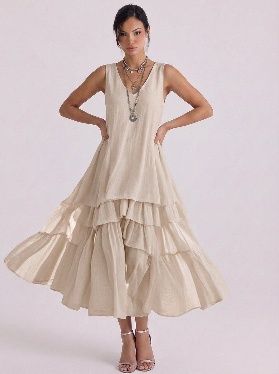 Ruadhan | Linen Tiered Ruffle Midi Dress