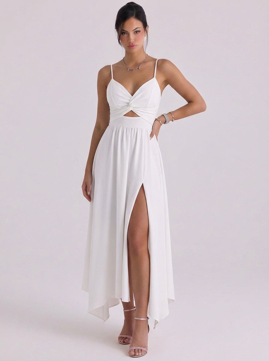 Blathnaid | Linen Twist Front Cutout Maxi Dress With High-Slit