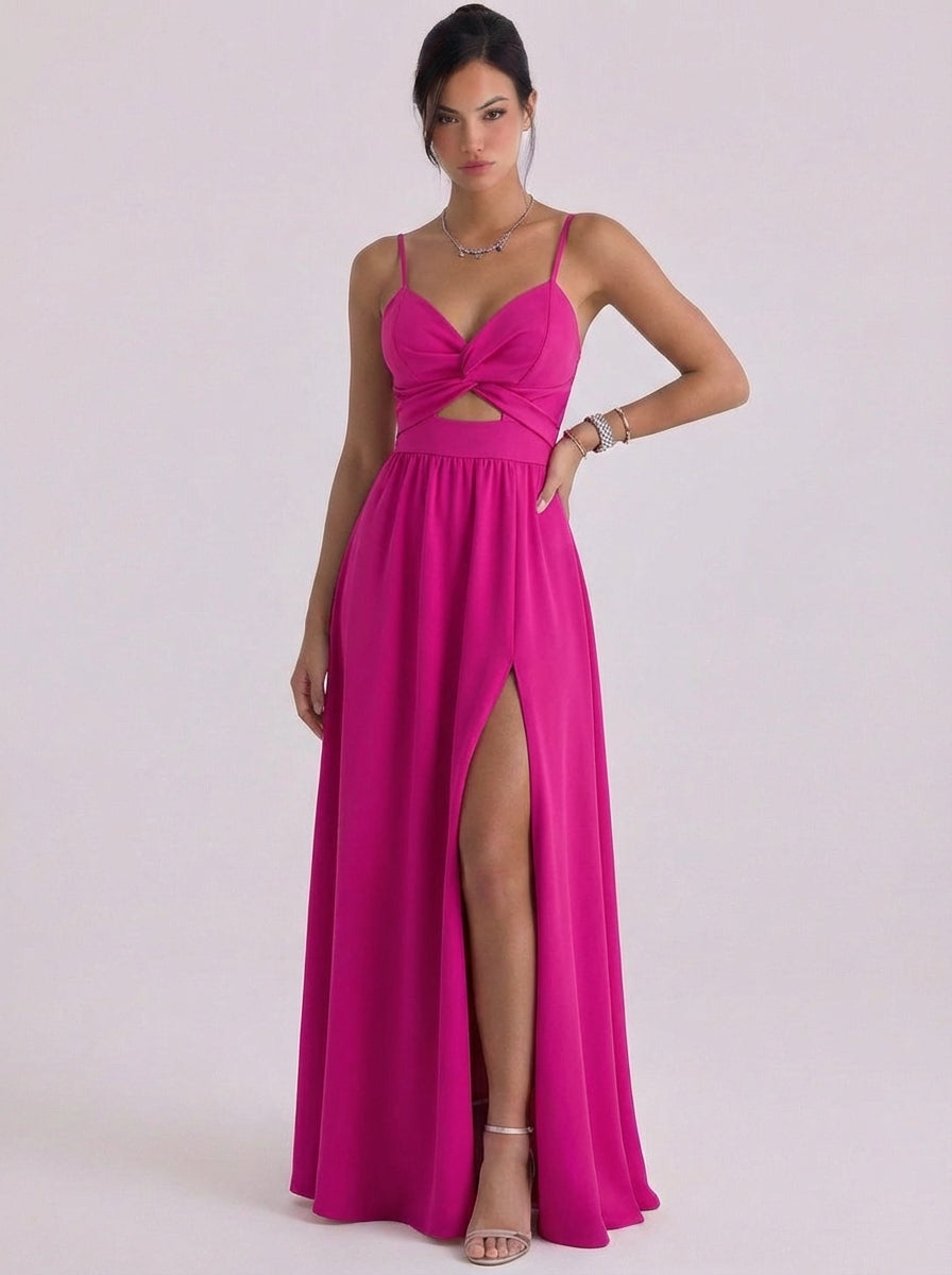 Blathnaid | Linen Twist Front Cutout Maxi Dress With High-Slit