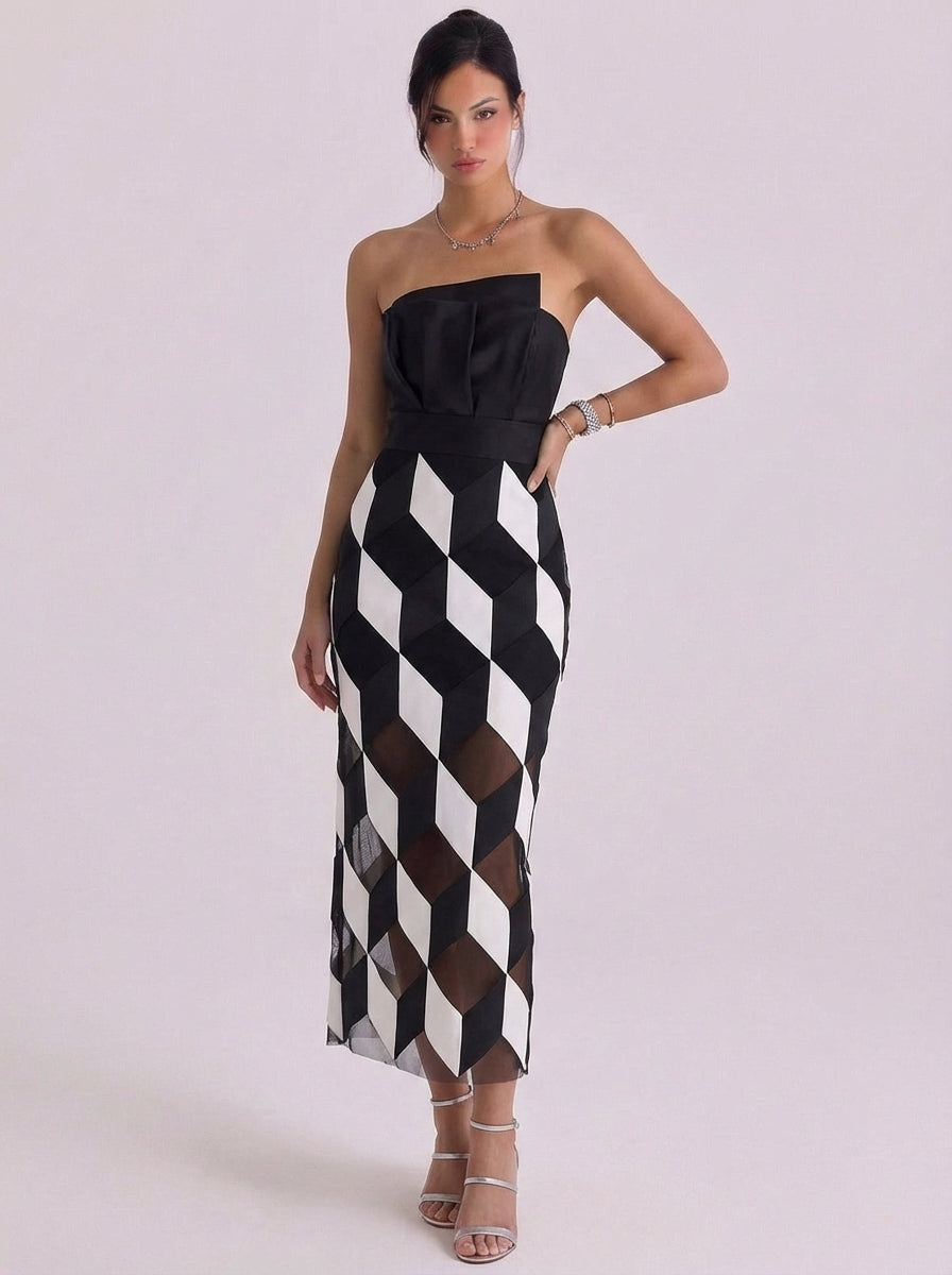 Fiona | Mesh Geometric Print Strapless Maxi Dress