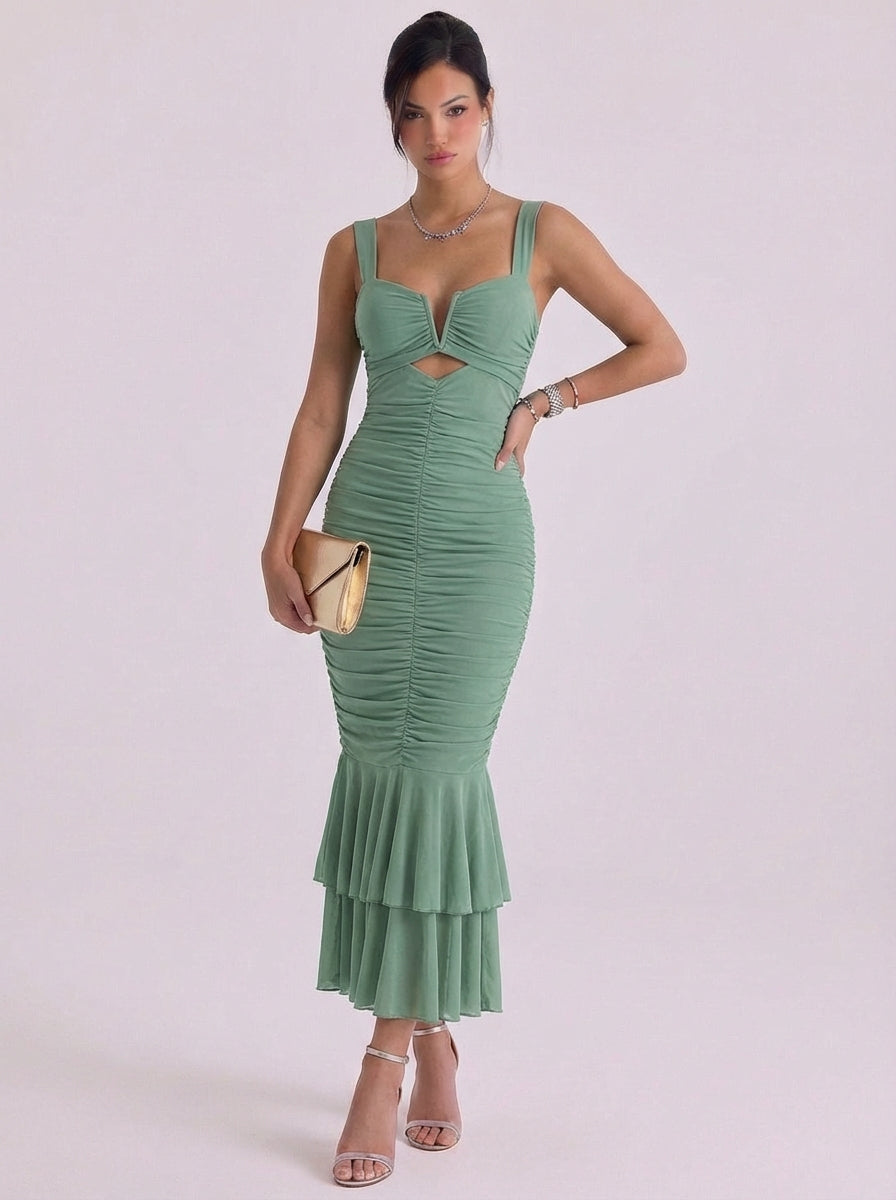 Griogair | Mesh Ruched Mermaid Midi Dress With Tiered Hem