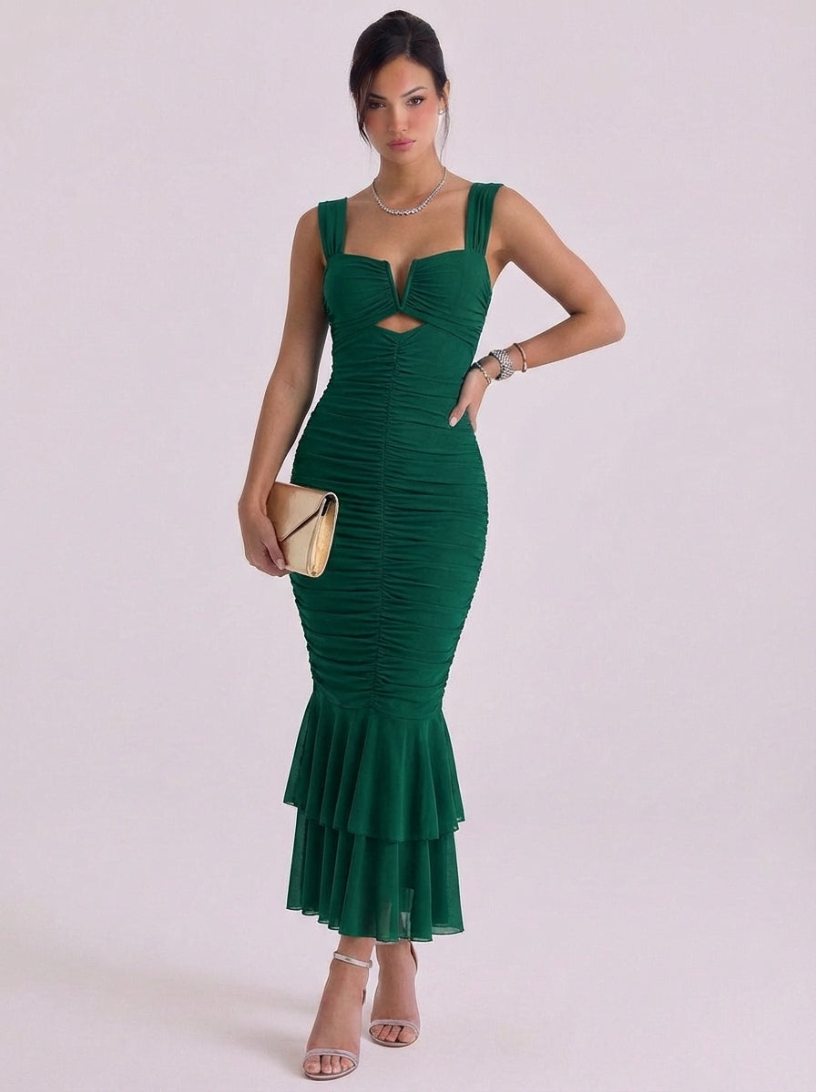 Griogair | Mesh Ruched Mermaid Midi Dress With Tiered Hem