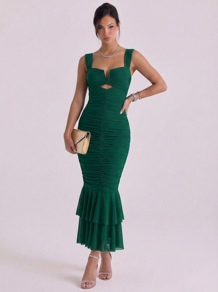 Griogair | Mesh Ruched Mermaid Midi Dress With Tiered Hem