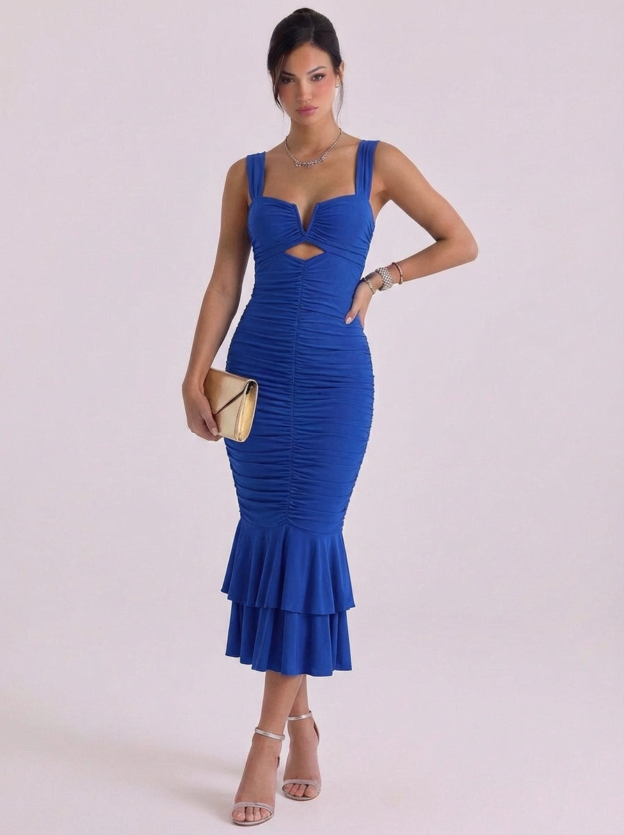 Griogair | Mesh Ruched Mermaid Midi Dress With Tiered Hem