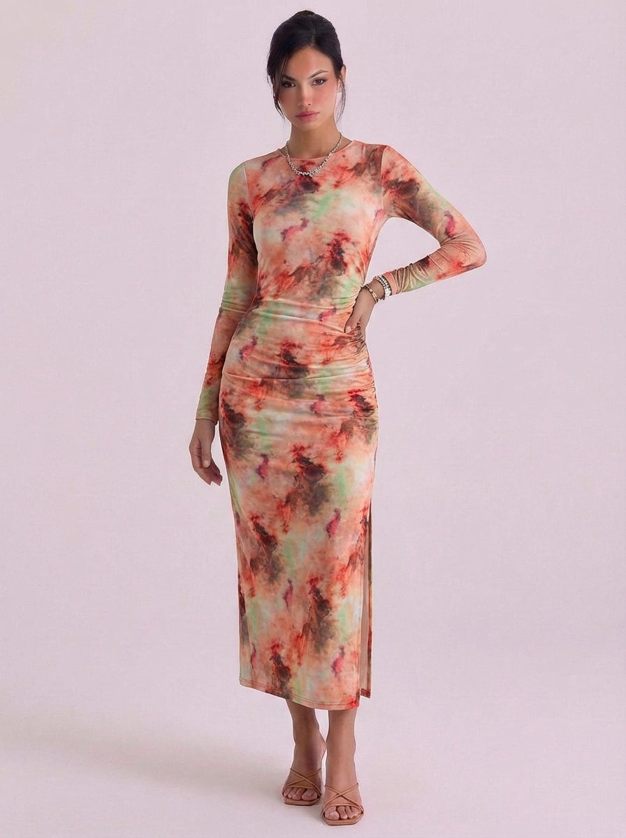 Donnchaidh | Mesh Tie Dye Midi Dress With High-Slit