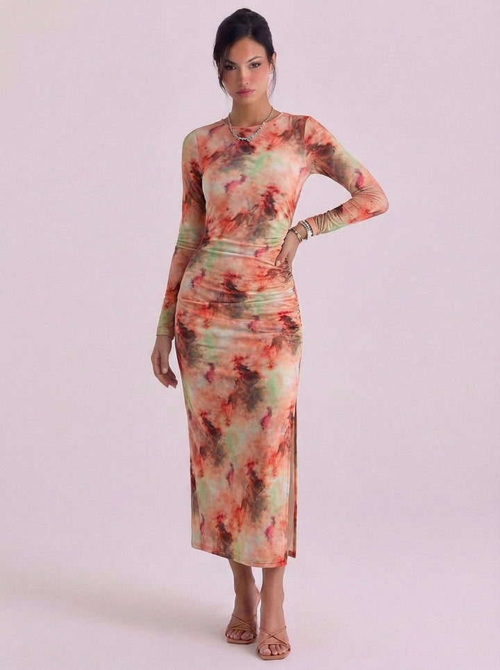 Donnchaidh | Mesh Tie Dye Midi Dress With High-Slit