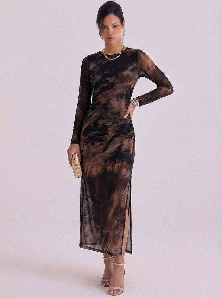 Donnchaidh | Mesh Tie Dye Midi Dress With High-Slit