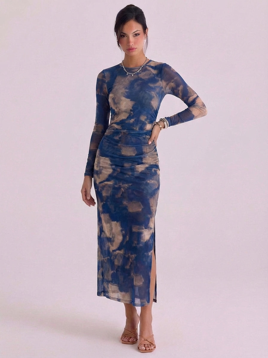Donnchaidh | Mesh Tie Dye Midi Dress With High-Slit