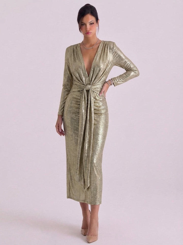 Alasdair | Metallic Jersey Wrap Midi Dress With Tie Front