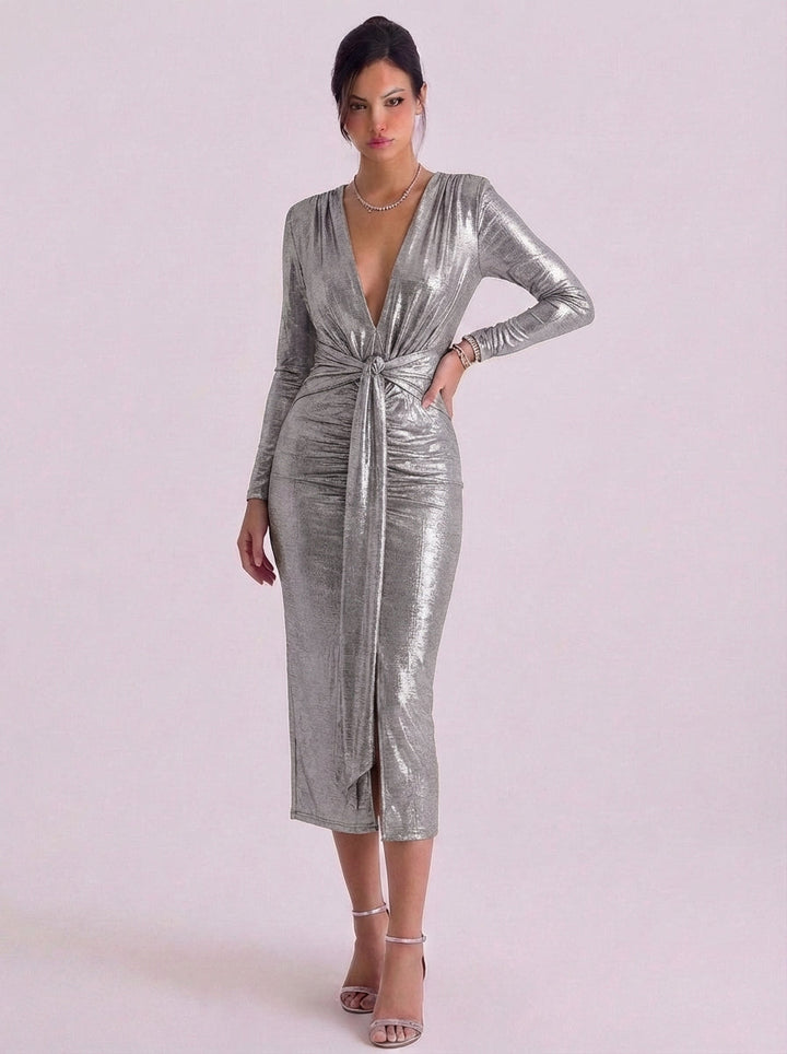 Alasdair | Metallic Jersey Wrap Midi Dress With Tie Front