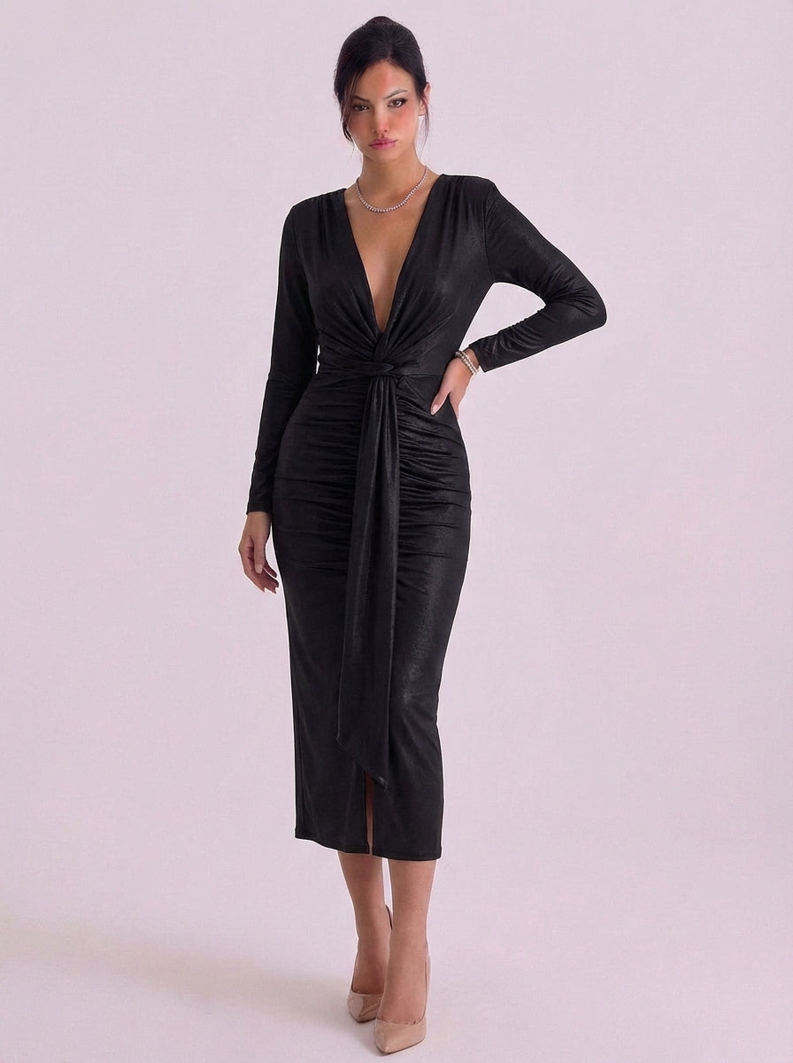 Alasdair | Metallic Jersey Wrap Midi Dress With Tie Front