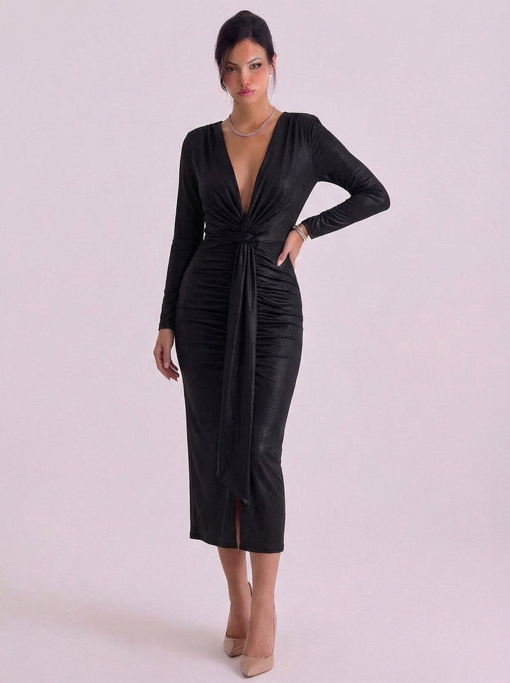 Alasdair | Metallic Jersey Wrap Midi Dress With Tie Front