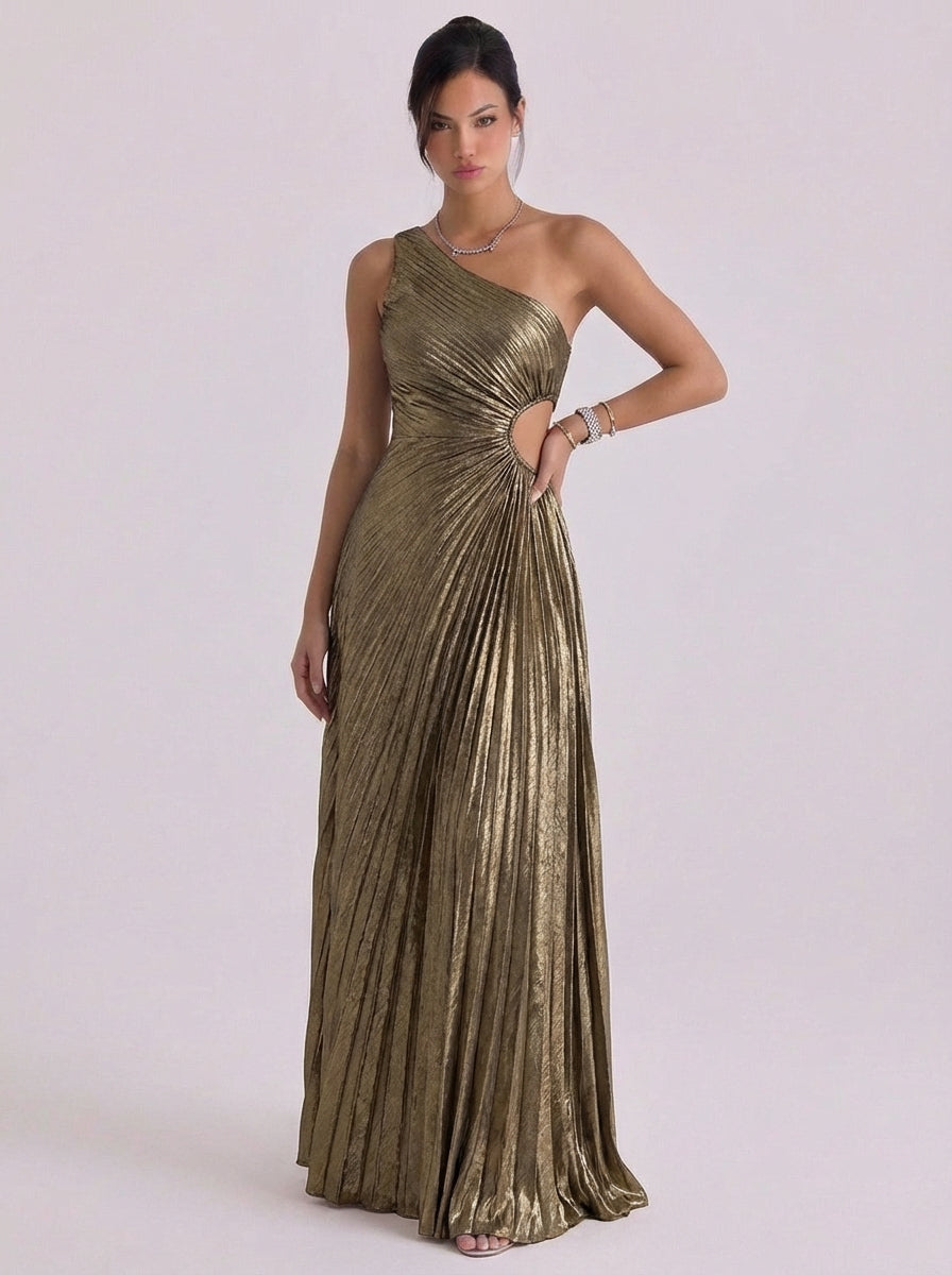 Fearghus | Metallic Pleated One-Shoulder Gown Gathered Waist