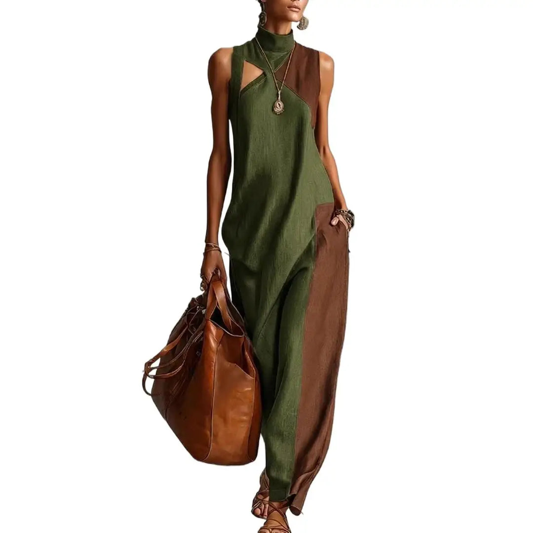 Violette | Retro Color Block Stand-Neck Maxi Dress
