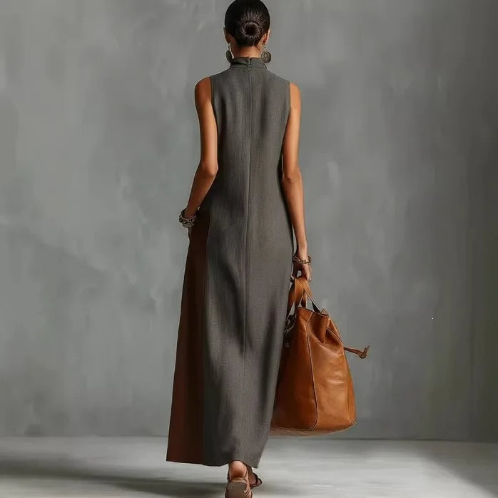 Violette | Retro Color Block Stand-Neck Maxi Dress
