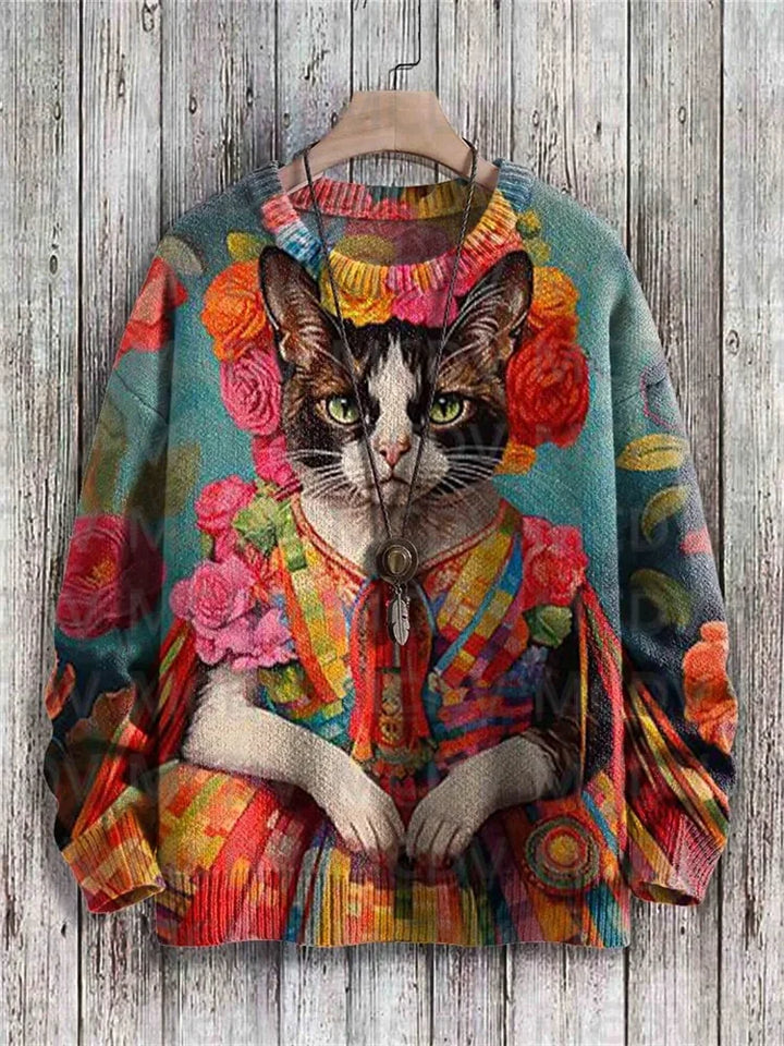 Frida | Artistic Cat Print Knit Pullover