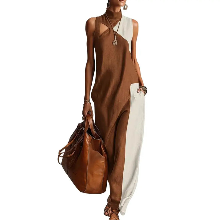 Violette | Retro Color Block Stand-Neck Maxi Dress