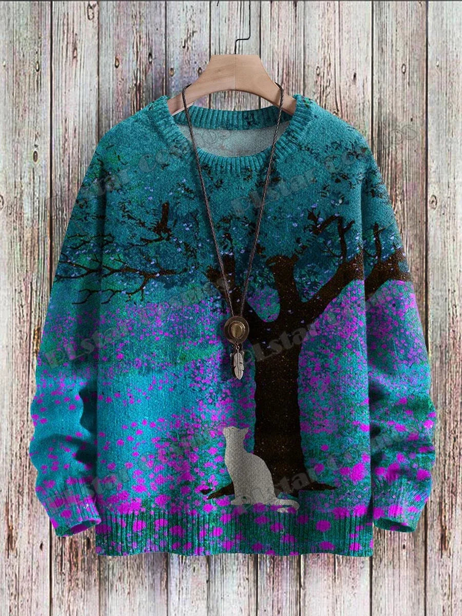 Aurora | All-Over Cat Art Knit Pullover