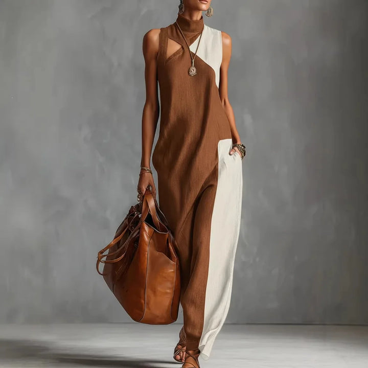 Violette | Retro Color Block Stand-Neck Maxi Dress