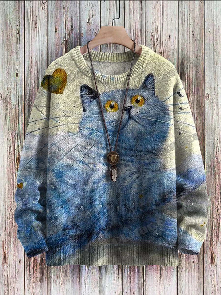 Aurora | All-Over Cat Art Knit Pullover